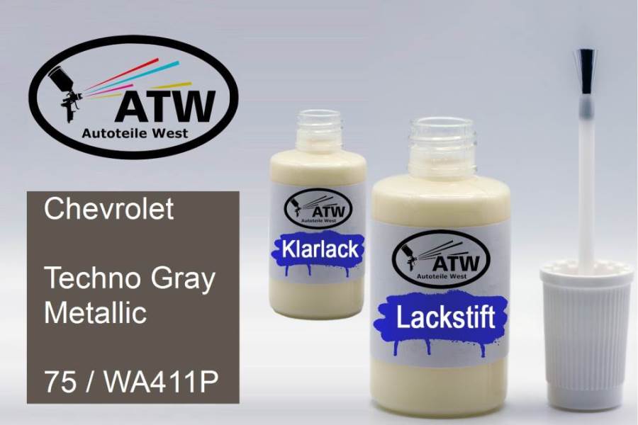 Chevrolet, Techno Gray Metallic, 75 / WA411P: 20ml Lackstift + 20ml Klarlack - Set, von ATW Autoteile West.